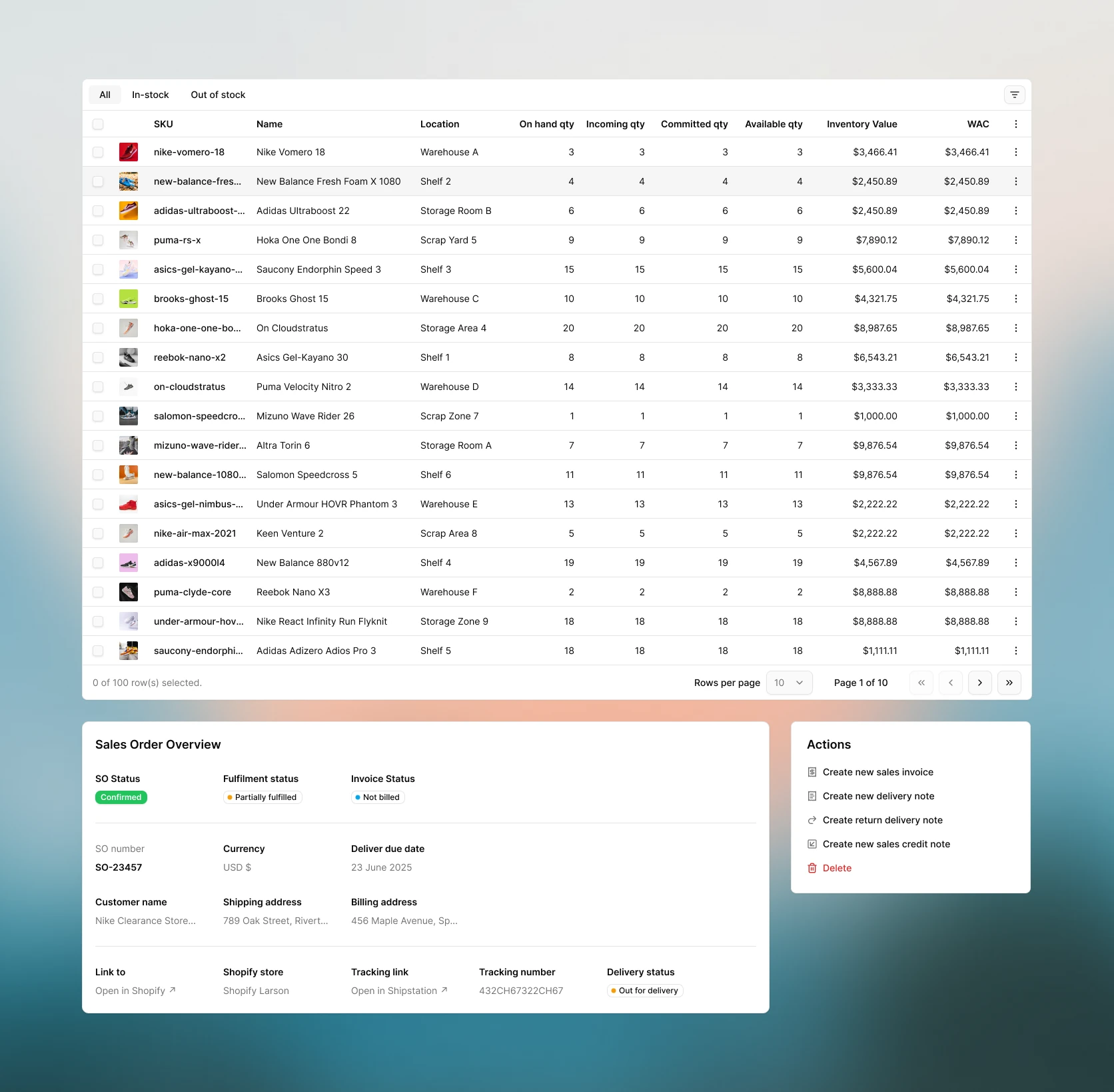 AppShell inventory table, sales order overview, and actions, composed from shared components on a soft gradient background.